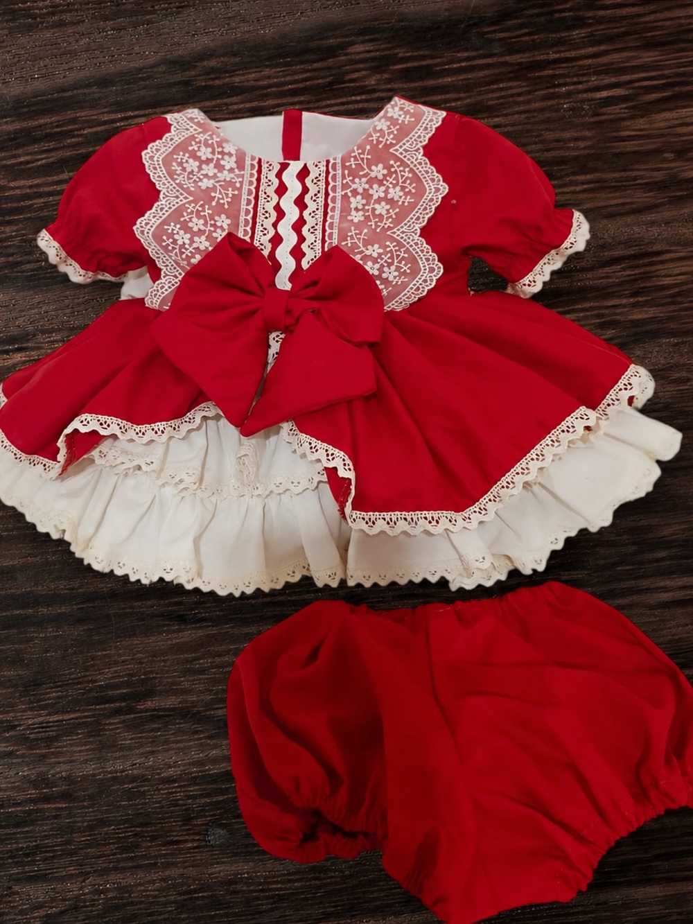 Red Lace Trim Baby Dress with Matching Bloomers